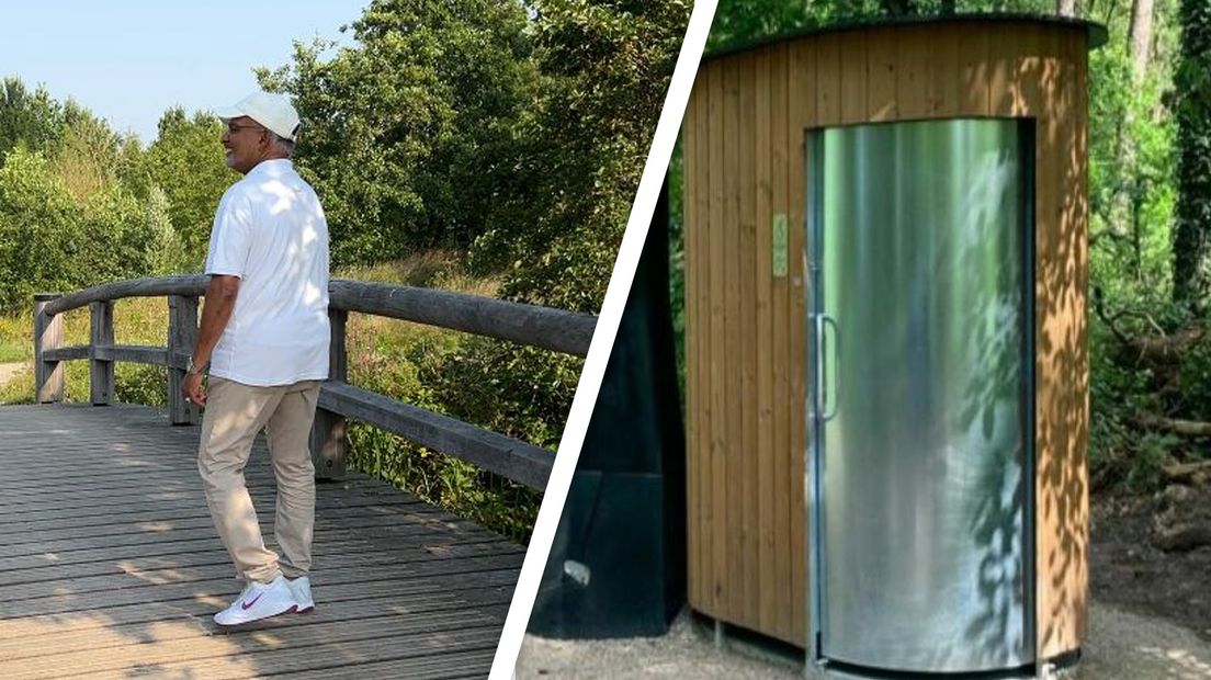Foto: Man bij natuurtoilet