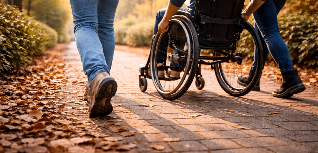 Foto: rolstoelgebruiker met twee wandelaars ernaast.